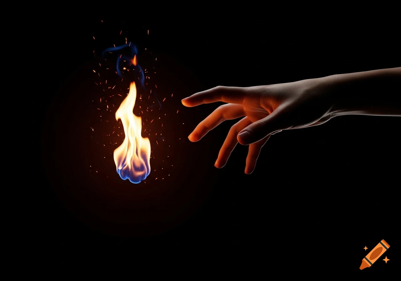 A human hand reaches towards a vibrant blue-orange flame with sparks against a dark background, in a photorealistic style.