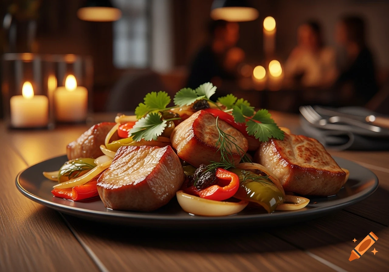 Photorealistic close-up of a meat and vegetable dish, possibly Odjakhuri, served on a dark plate in a dimly lit restaurant.
