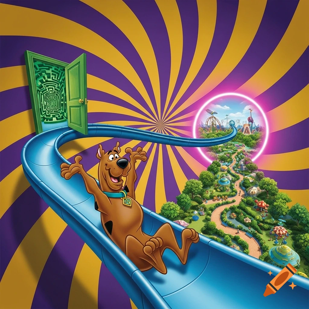 Cartoon Scooby-Doo slides happily down a blue slide against a yellow and purple spiral. A labyrinth door and a portal to an amusement park are visible.