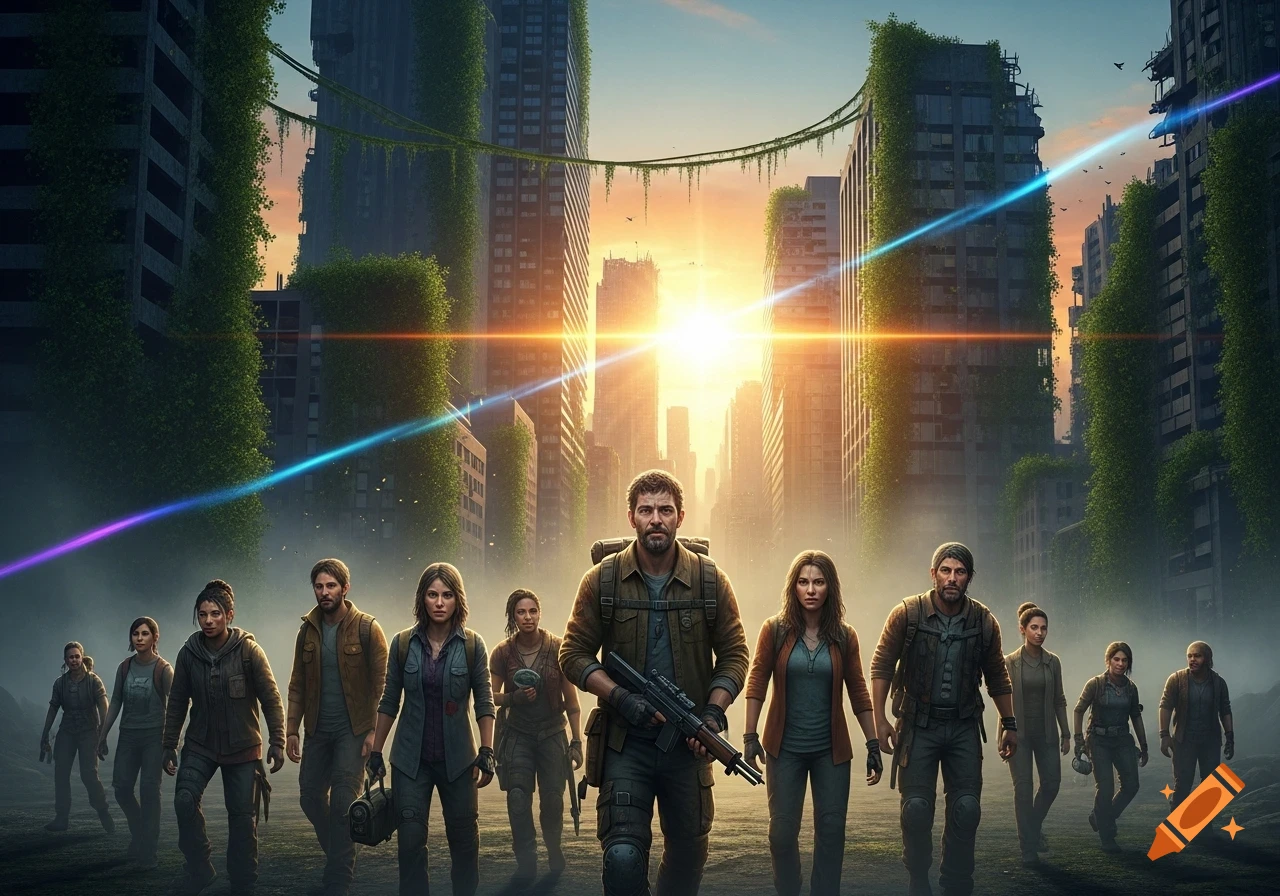 A group of survivors walk through a ruined, overgrown city at sunset, with colorful light beams in the sky. The central figure holds a rifle.