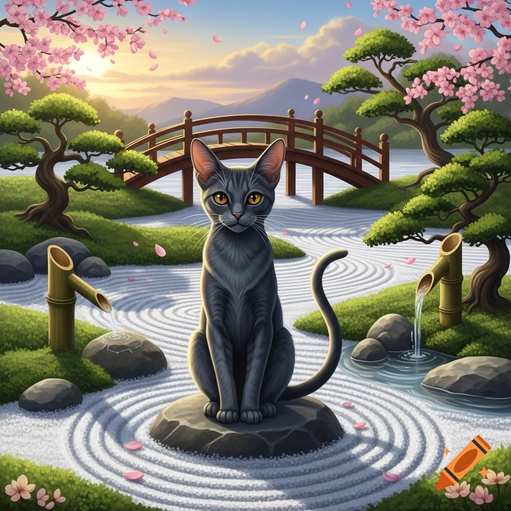 A grey cat sits on a rock in a serene Japanese garden with cherry blossoms, a wooden bridge, and bamboo water features.