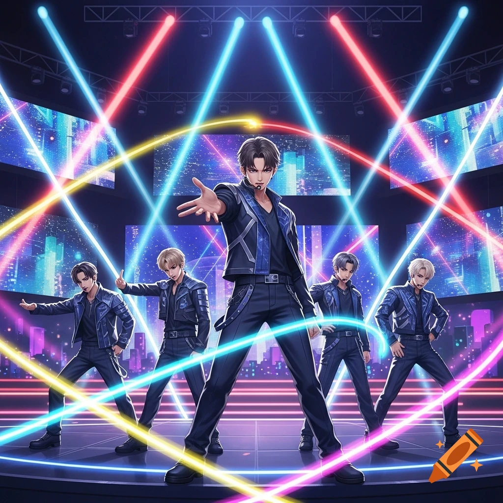 Stylized anime K-pop boy group on a stage with bright, colorful laser lights and cityscapes on screens.