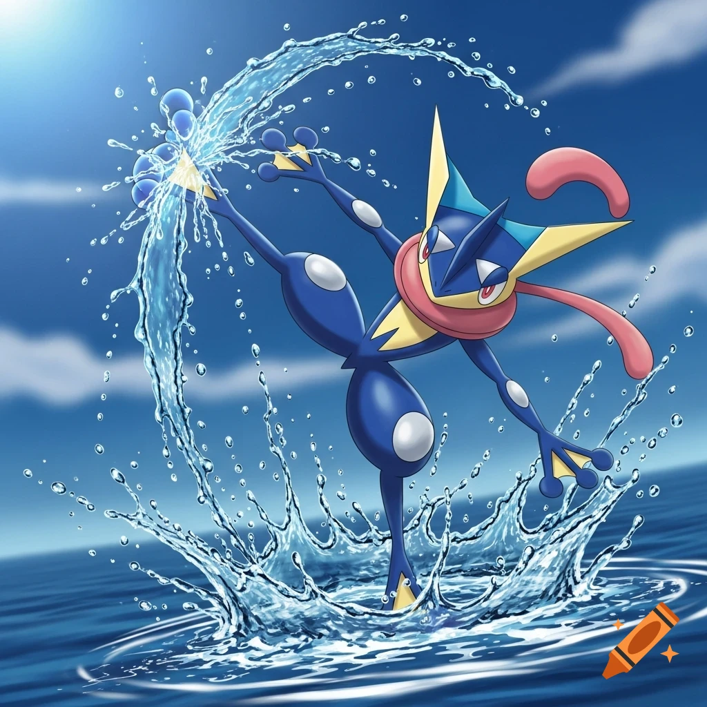 Greninja performs a flying kick, creating an explosive water splash against a blue sky over the ocean.