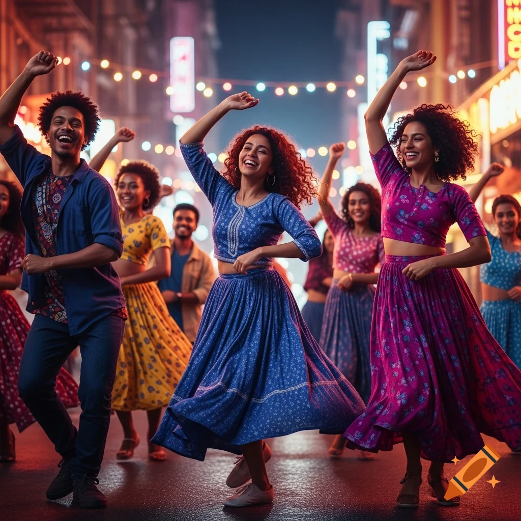 A diverse group of joyful people dancing in a vibrant, lit-up urban street at night, wearing colorful festive attire.