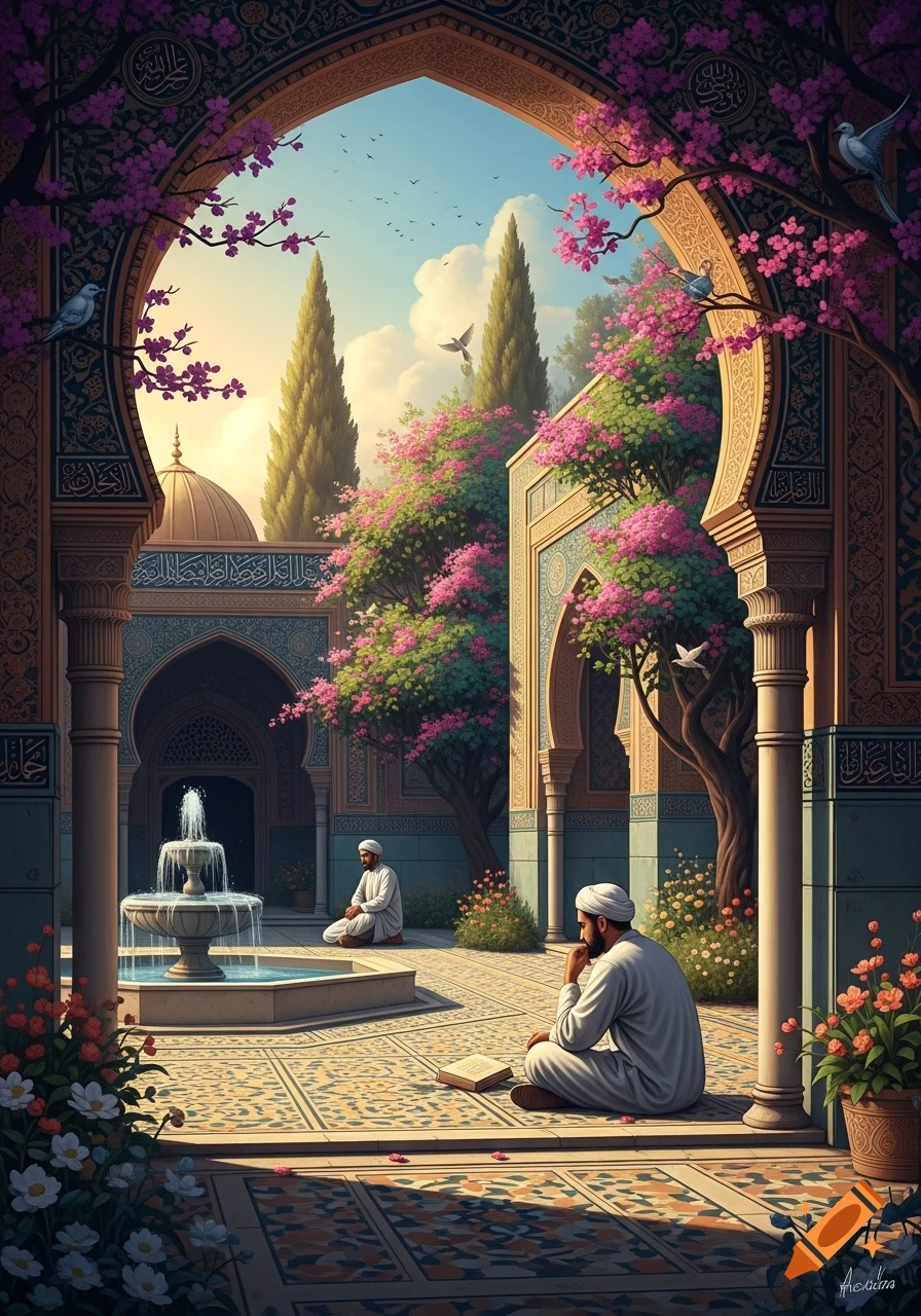 A man meditates in a lush, ornate Islamic courtyard with a fountain and flowering trees, viewed through an archway.