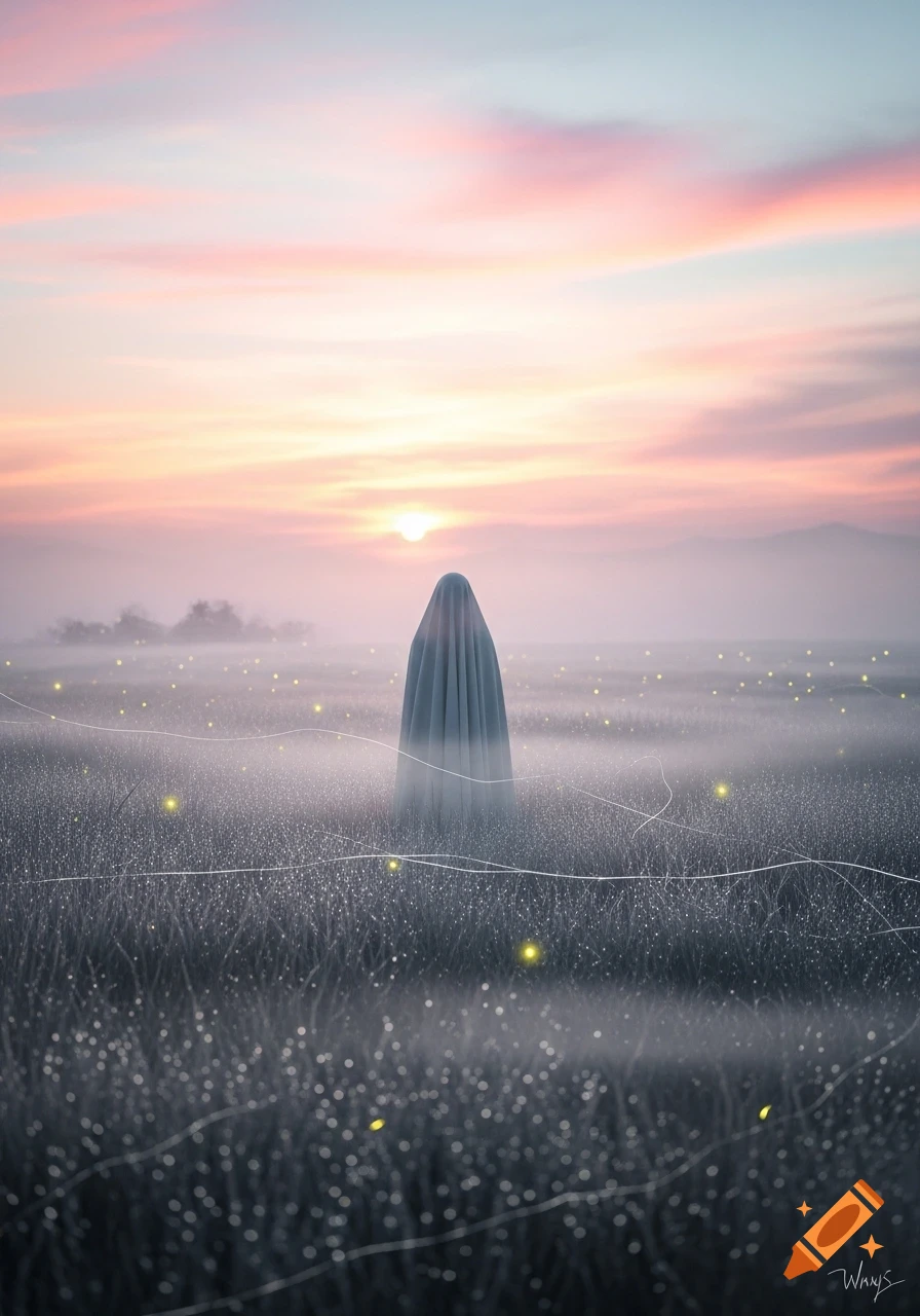 A solitary shrouded figure stands in a misty, dew-covered field dotted with glowing lights at sunset, creating an ethereal scene.