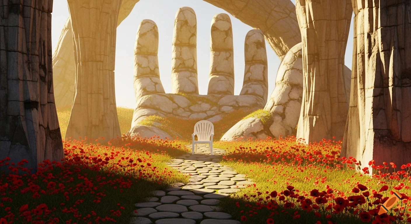 A white plastic chair sits on a stone path through a field of red poppies, framed by giant hand-shaped stone arches in a bright 3D render.