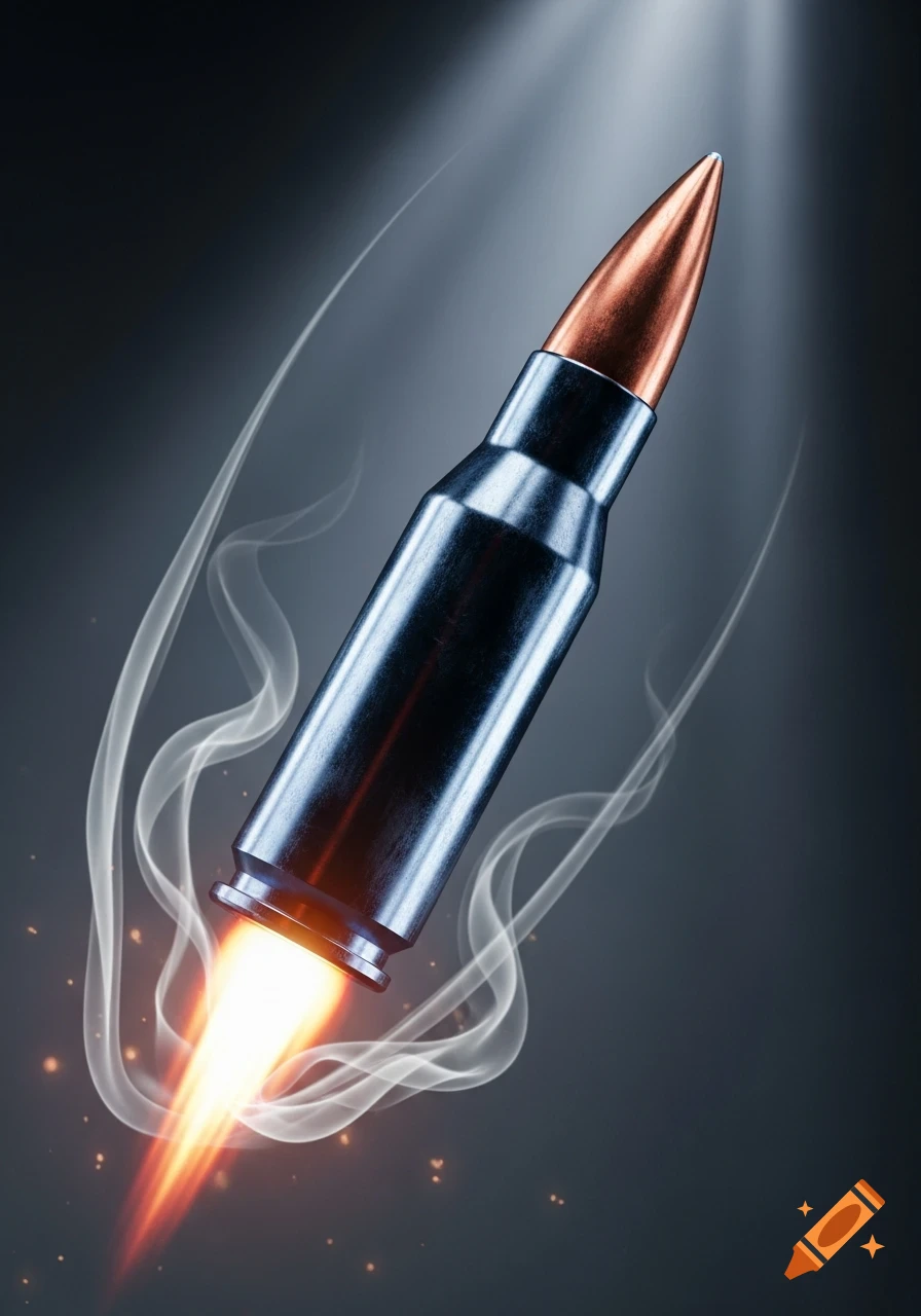 Stylized metallic bullet with a copper tip, fiery exhaust, and smoke trails against a dark, spotlighted background.