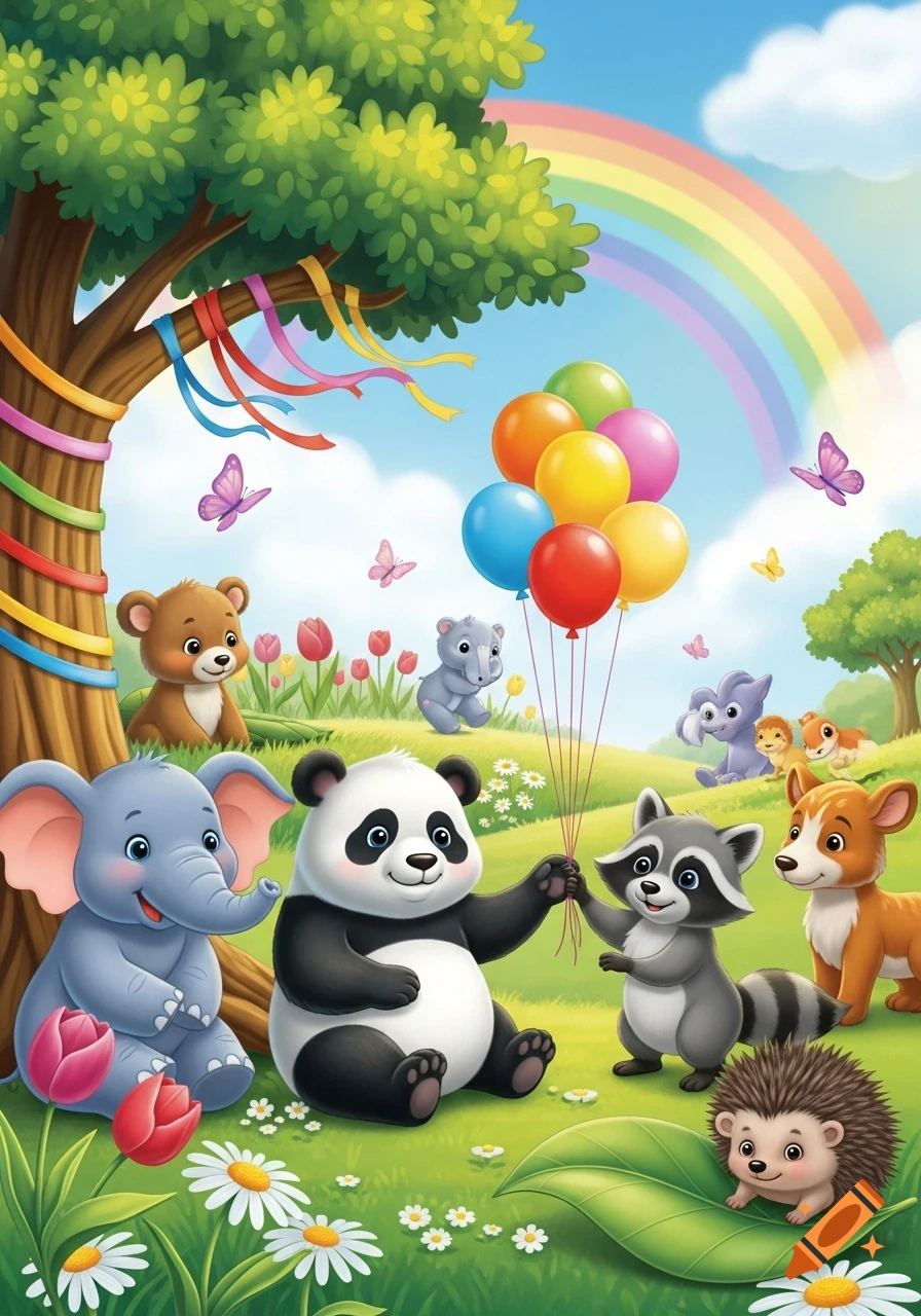 Cartoon panda, raccoon, elephant, and other cute animals playing with balloons under a rainbow in a sunny field, children's illustration style.