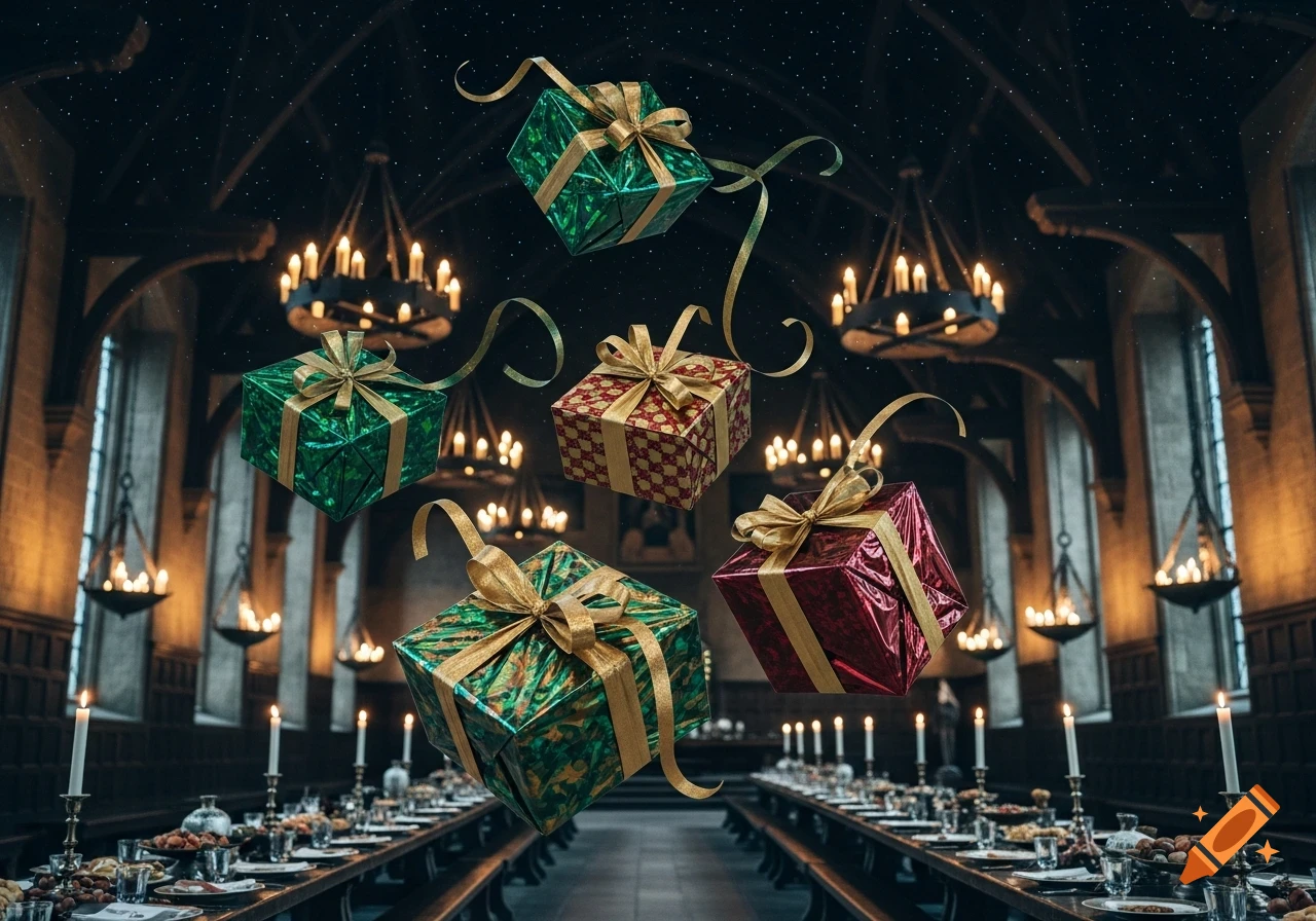 Photorealistic image of green and red gift boxes with gold ribbons floating in a grand, dimly lit hall with long tables and chandeliers.