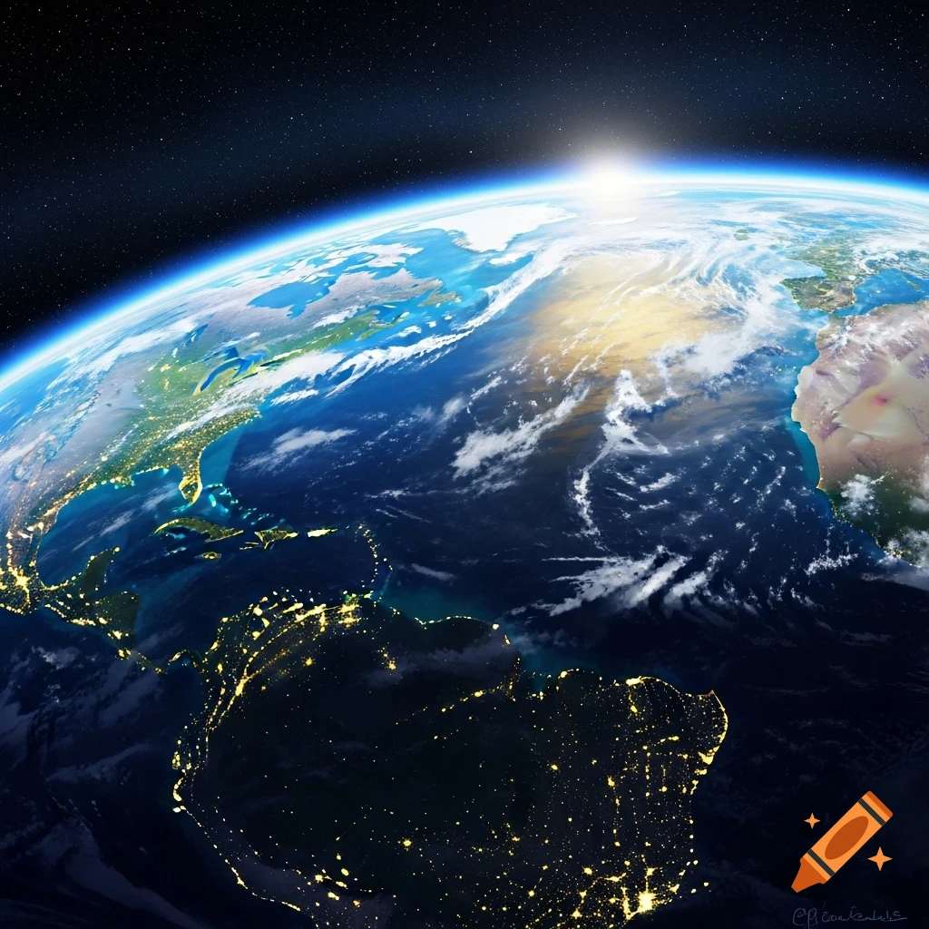 A photorealistic view of Earth from space, showing continents, oceans, clouds, and city lights on the night side with a bright sunrise.