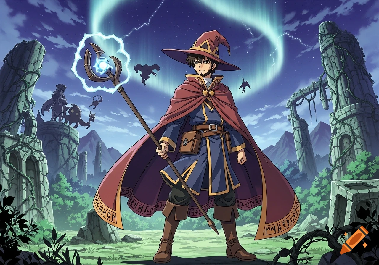 Anime-style wizard with a red cape and glowing staff in ancient ruins under a magical sky.