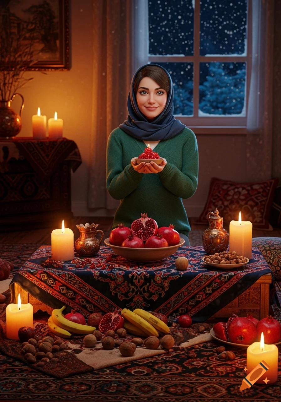 Woman in hijab holds pomegranates, surrounded by a festive table with fruits, nuts, and candles in a warm interior with a snowy window.