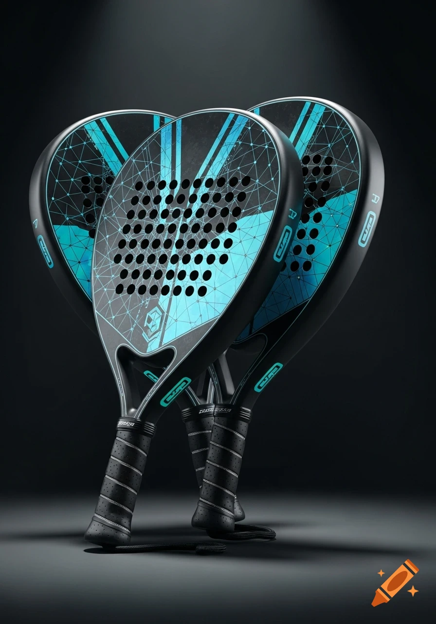 Two sleek black padel rackets with vibrant blue geometric designs and black grips stand upright against a dark background.