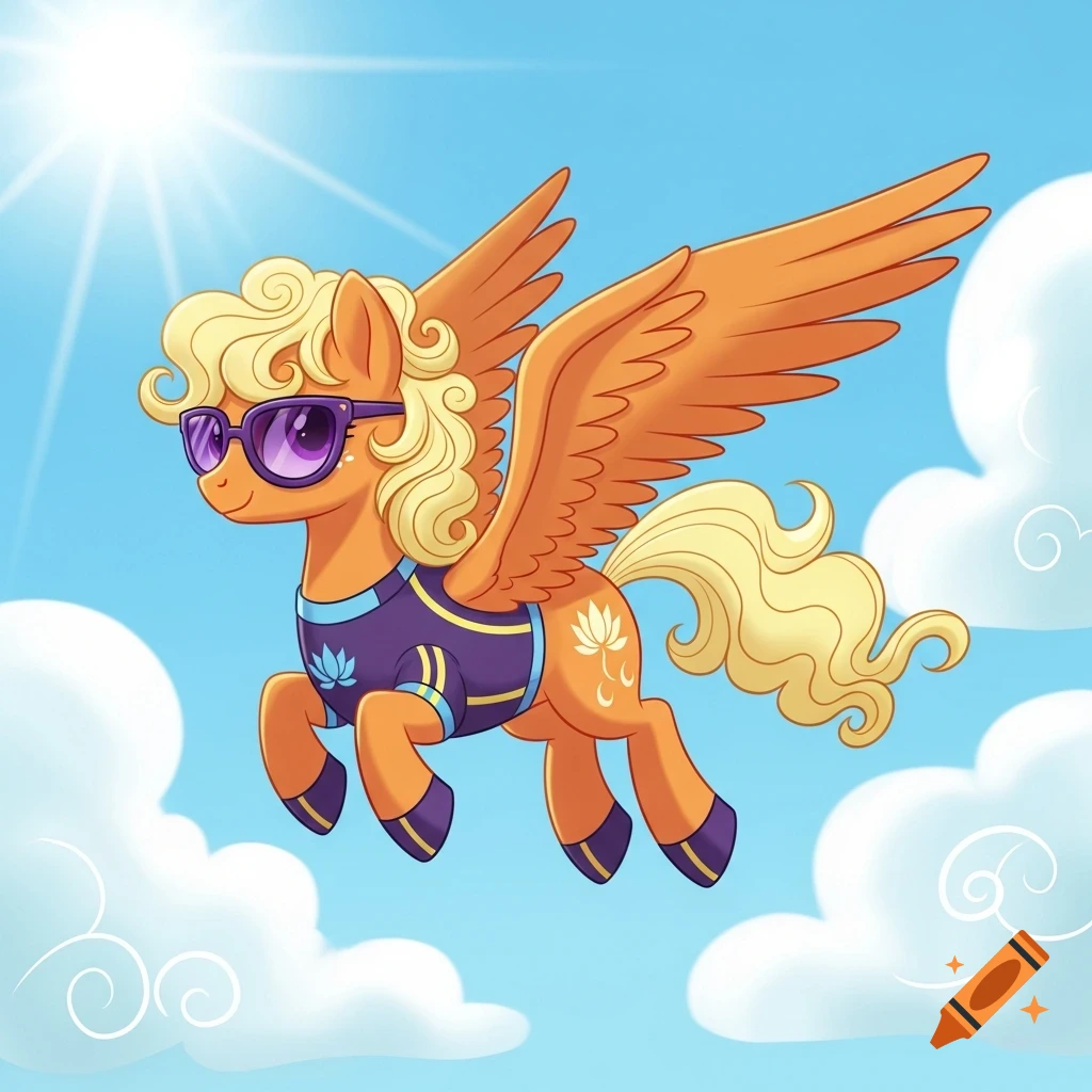 A cartoon orange Pegasus with a curly yellow mane and purple sunglasses, wearing a sporty purple top, flies in a blue sky with clouds and a bright sun.
