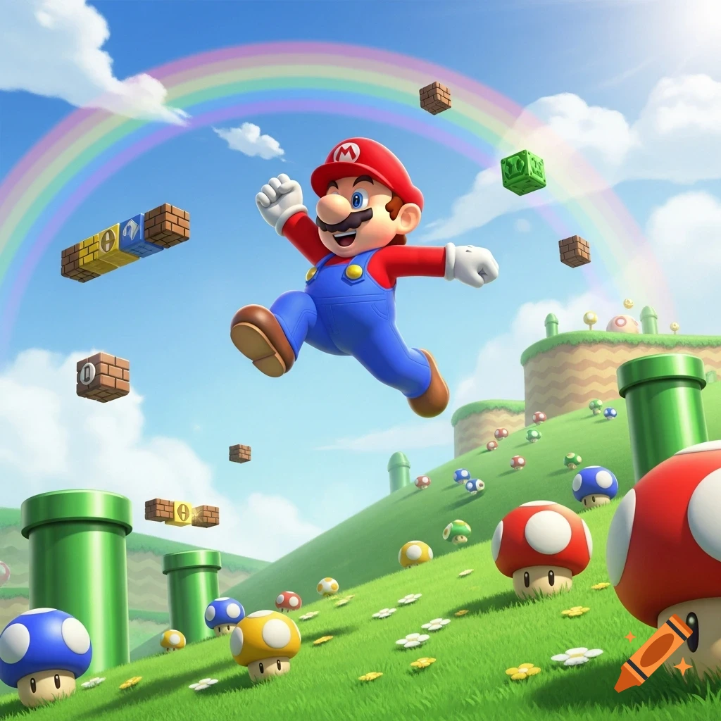 Cartoon Mario jumps happily under a rainbow in a vibrant green landscape with pipes and mushrooms.