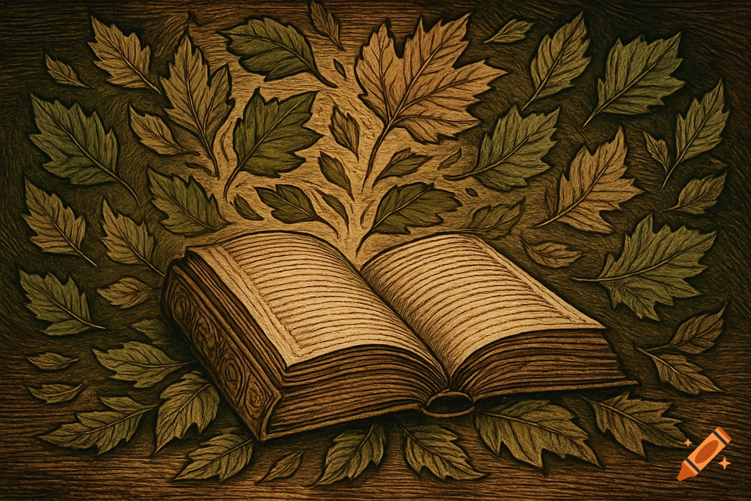 A woodcut illustration depicts an open book with illegible text on its pages, surrounded by green and brown autumn leaves.