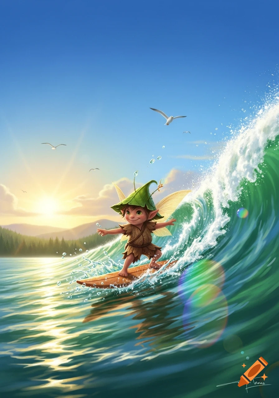 A cute, green-hatted fairy on a surfboard rides a large green wave at sunset, with mountains and birds in the background. Illustration.