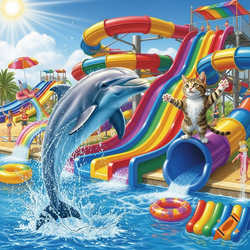 A cartoon dolphin leaps out of water next to a cat on a colorful water slide at a vibrant water park.