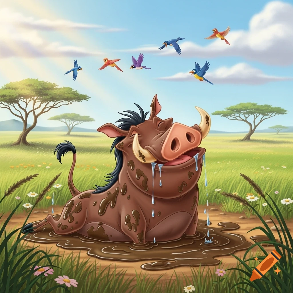 Cartoon warthog Pumbaa happily bathing in a mud puddle in a grassy savanna with birds flying overhead.