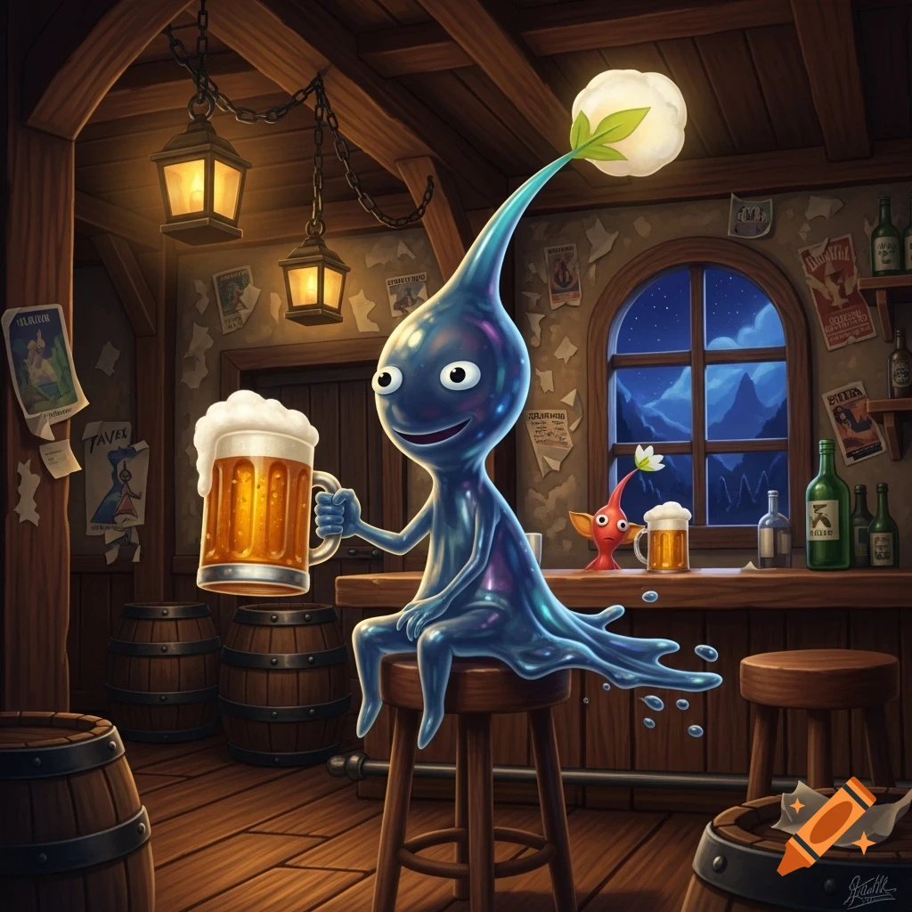 A blue Waterwraith from Pikmin 2 sits at a wooden bar, holding up a frothy mug of beer in a cozy, lantern-lit pub. A smaller red Pikmin also sits at the bar with a beer.