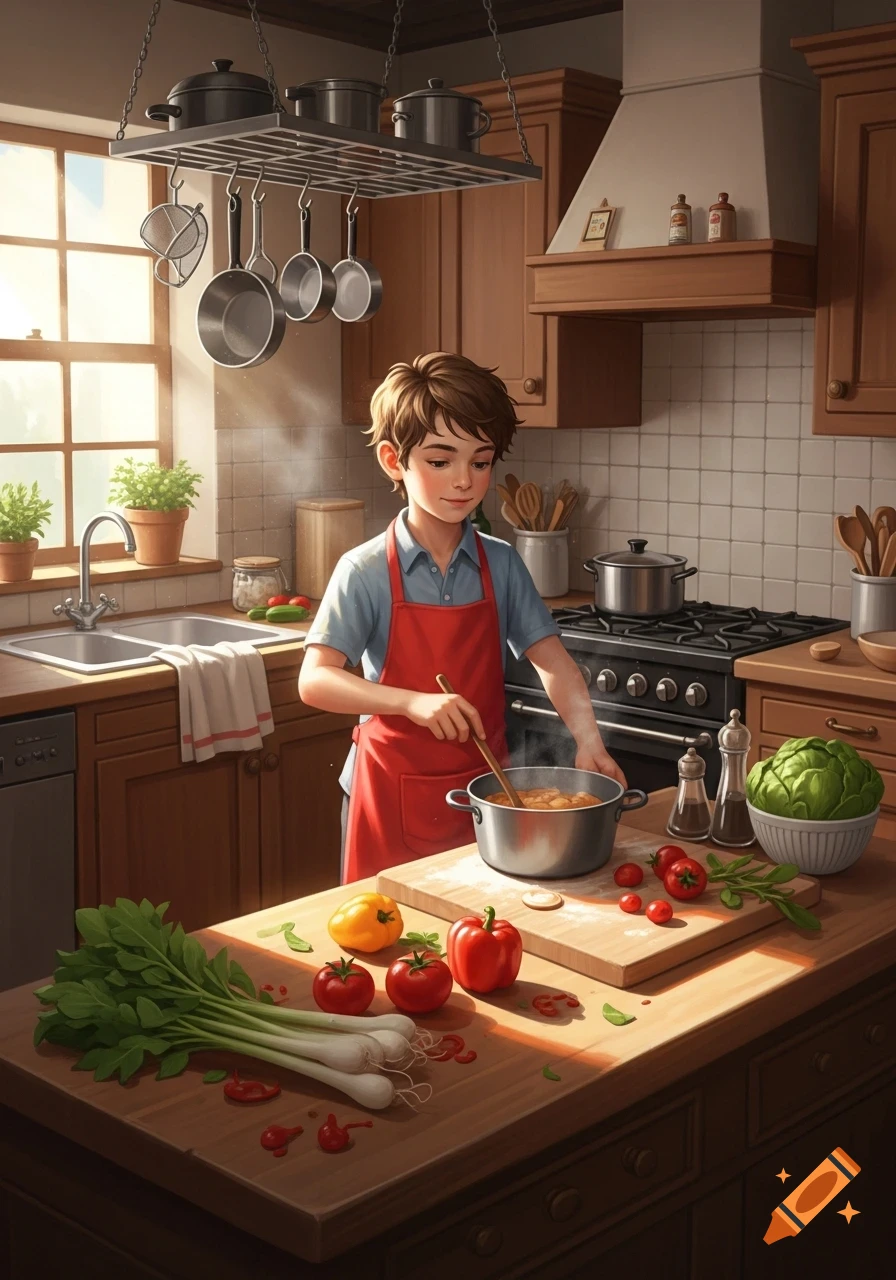 An illustrated boy in a red apron stirs a pot on the stove in a sunlit kitchen with vegetables on the counter.