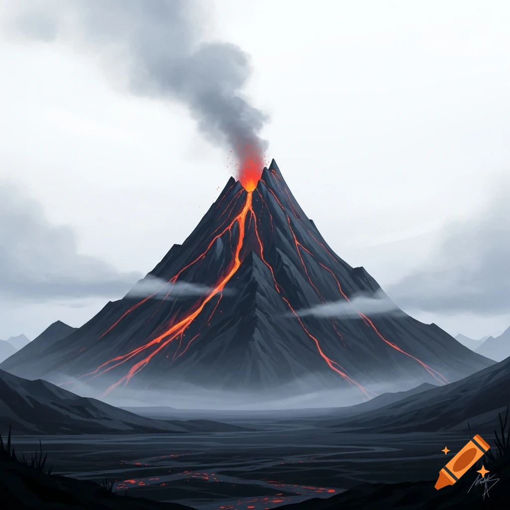 A stylized illustration of an erupting volcano with orange lava flowing down its dark grey sides, under a cloudy grey sky.