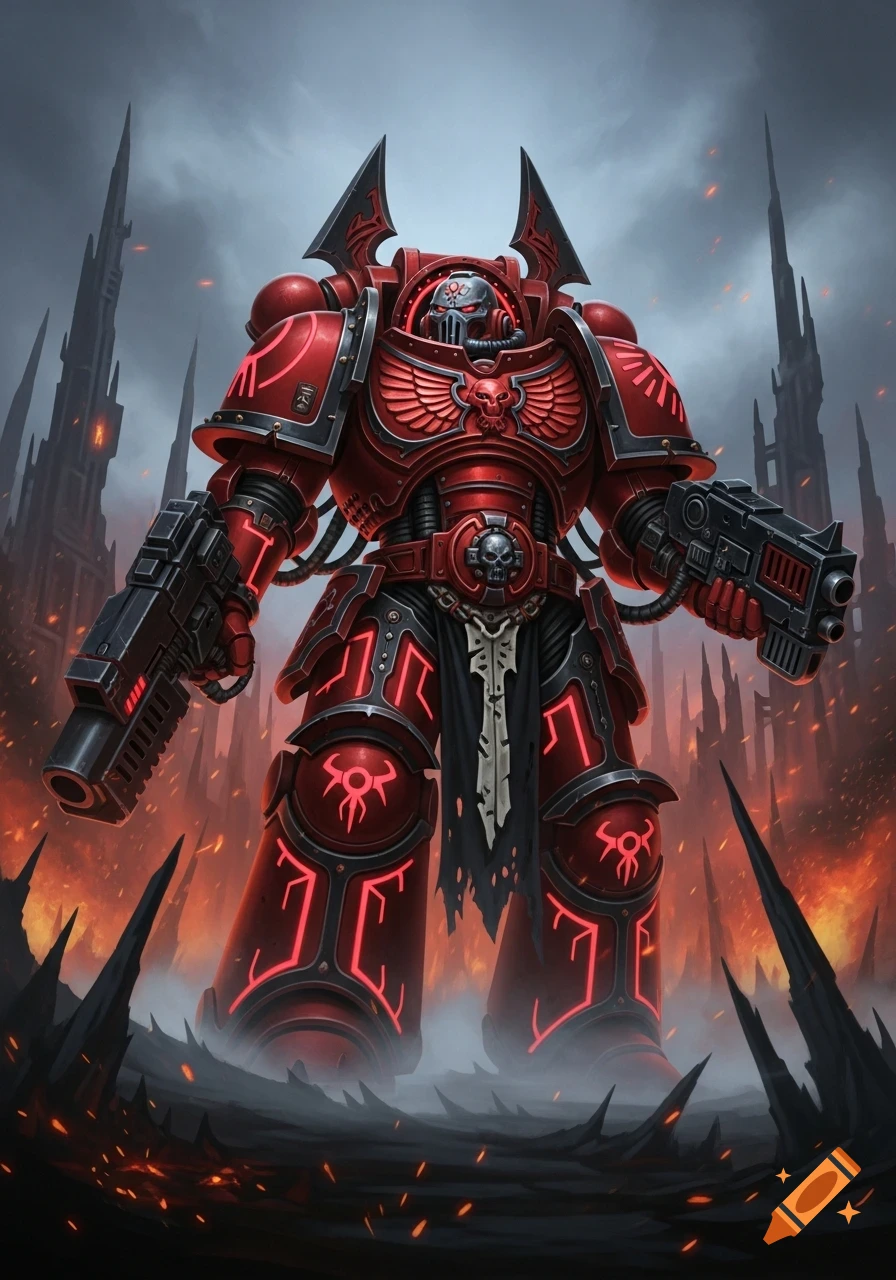 A formidable red and black armored warrior, armed with two guns, stands in a fiery, spiky landscape beneath a stormy sky.
