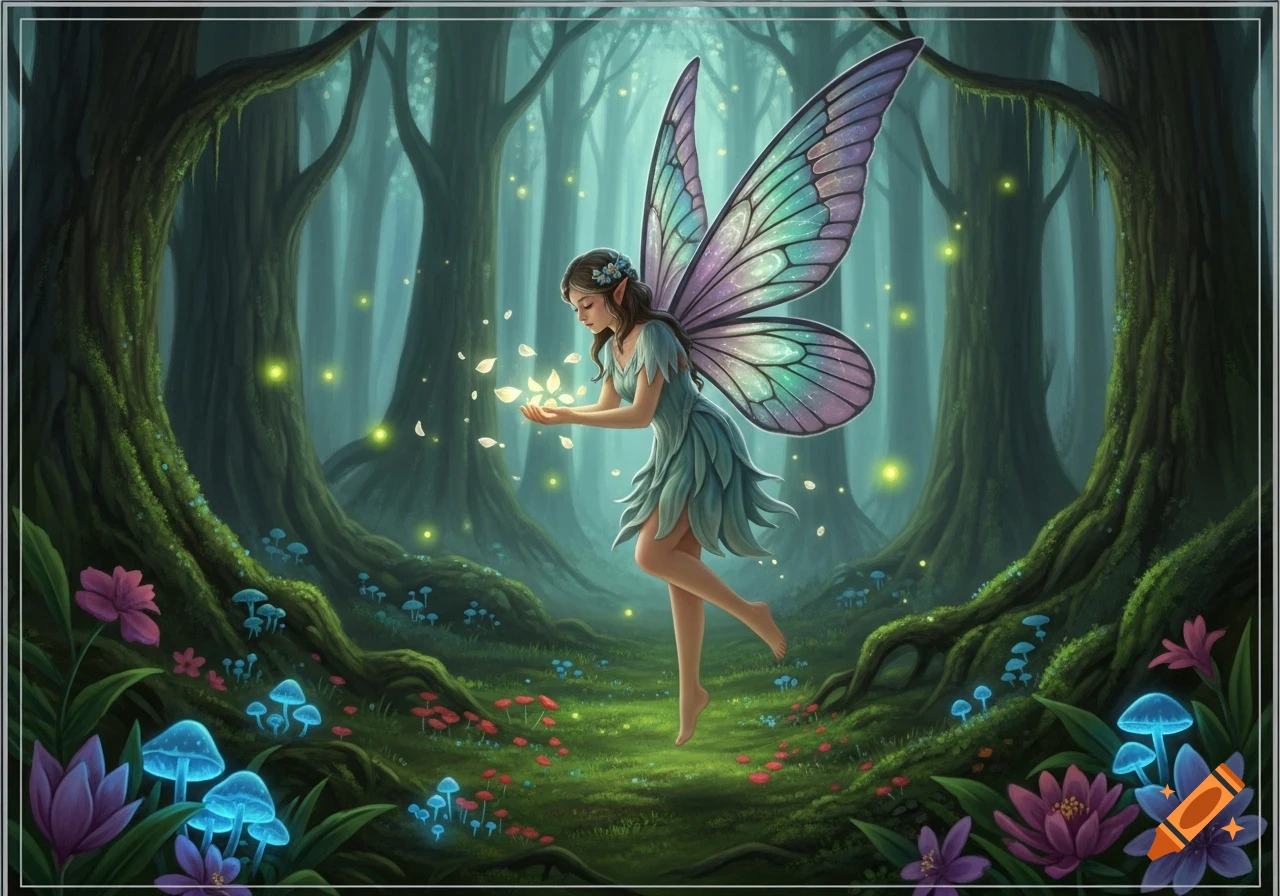 A fairy with iridescent wings floats in a magical forest, holding glowing light among luminous mushrooms and fireflies.