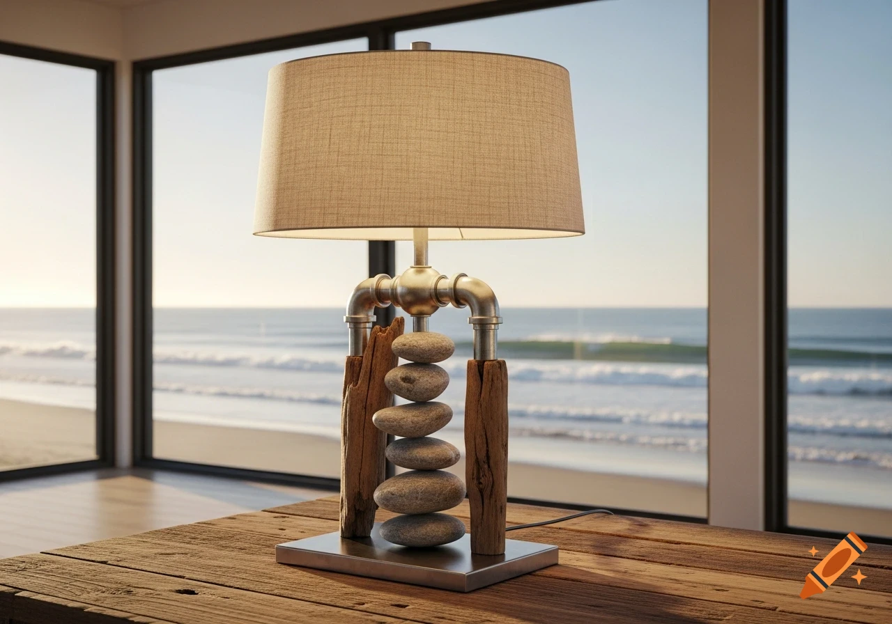 An industrial-style table lamp with stacked stones and driftwood, set on a wooden table overlooking a sunny beach and ocean.