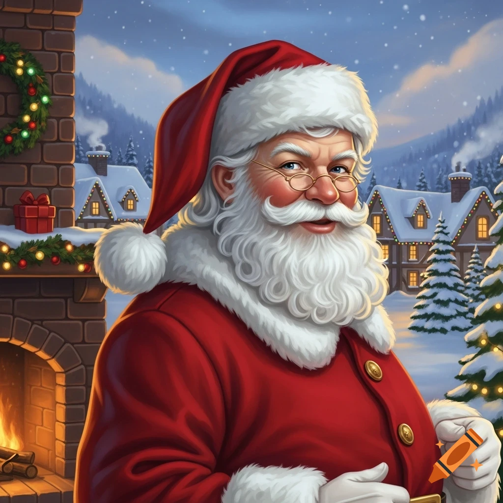 Friendly Santa Claus in a red suit, smiling in a detailed winter illustration with snowy houses and a fireplace.