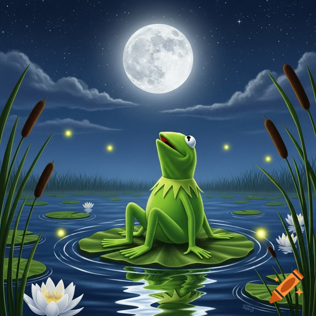 Illustrated Kermit the Frog sits on a lily pad in a pond at night, looking up at a bright full moon, with fireflies glowing around him.