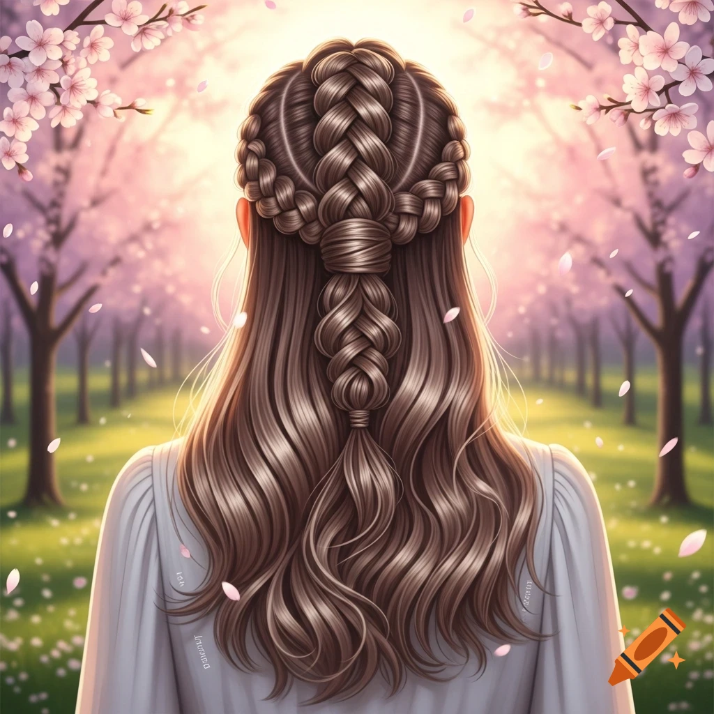 Back view of a person with elaborate brown braided hair in a pink cherry blossom garden, with petals falling.