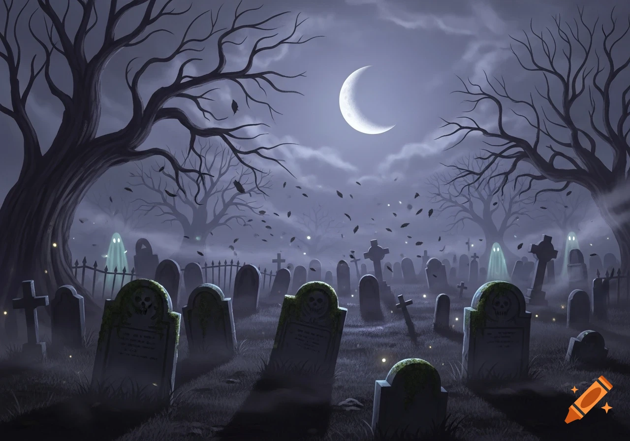 A spooky graveyard scene at night under a crescent moon, with bare trees, glowing ghosts, and mossy tombstones.