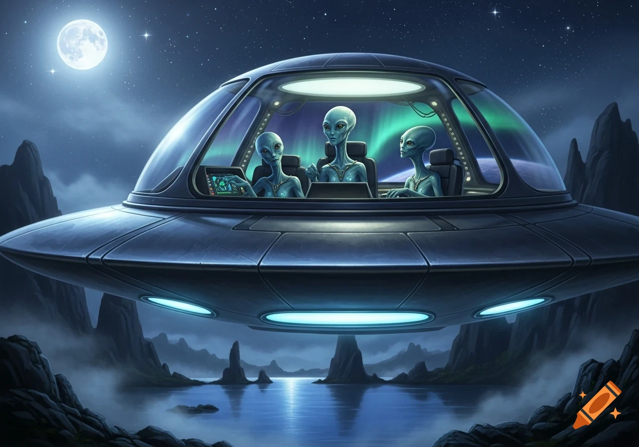 Three grey aliens pilot a metallic UFO over a dark, rocky lake under a full moon and starry sky with aurora borealis.