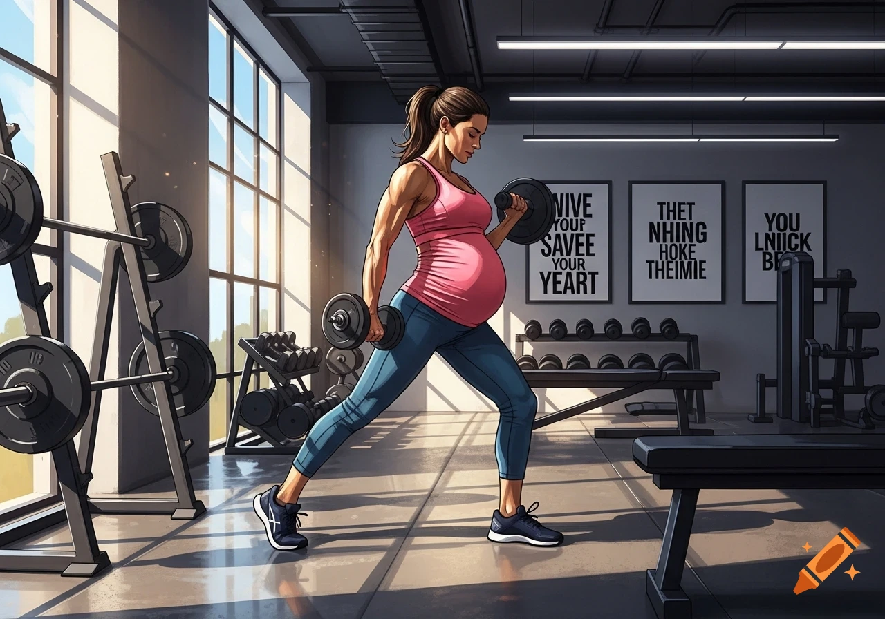 A strong pregnant woman in a pink top and blue leggings performs lunges with dumbbells in a modern gym.