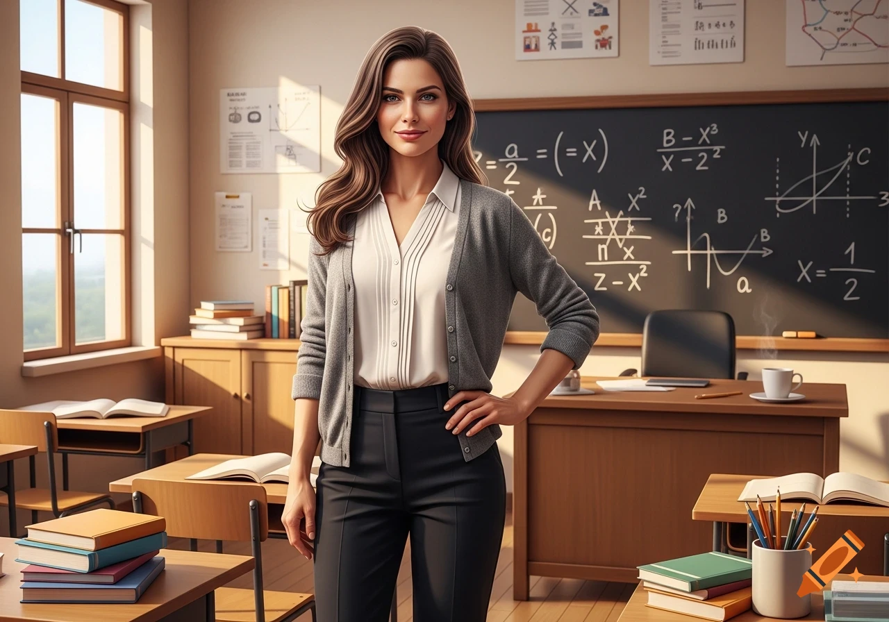 A photorealistic image of a white woman with long brown hair, wearing a grey cardigan and black pants, standing in a classroom.