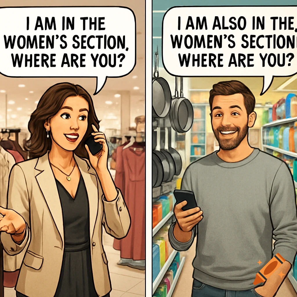 Split image meme with a woman in a clothing section and a man in a kitchenware section, both on the phone, humorously saying they are in the women's section.