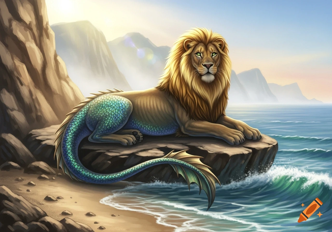 A mythical creature with a lion's upper body and a fish's scaly tail, lying on a rock by the ocean shore.