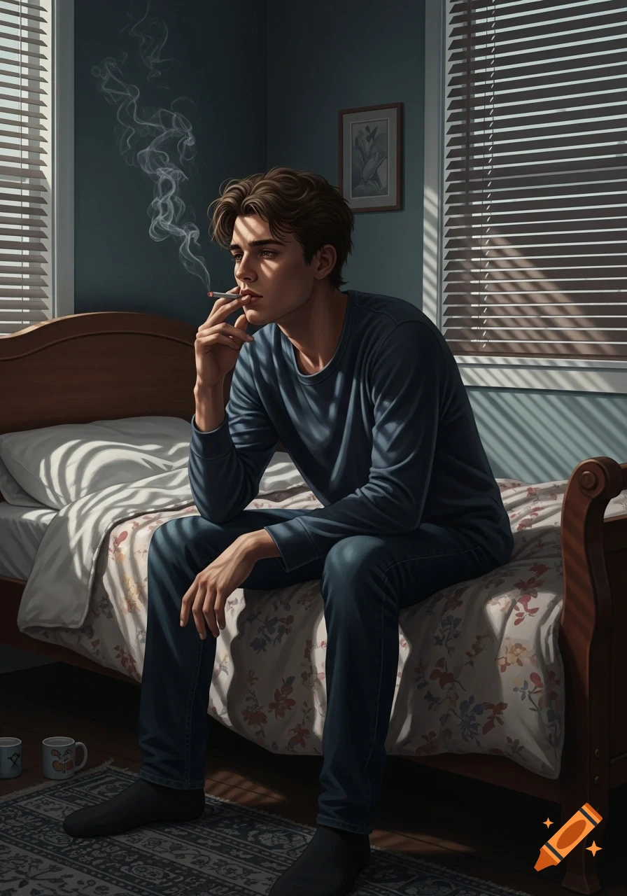 A young man sits on a bed, smoking a cigarette, with sunlight streaming through window blinds in a realistic digital art.