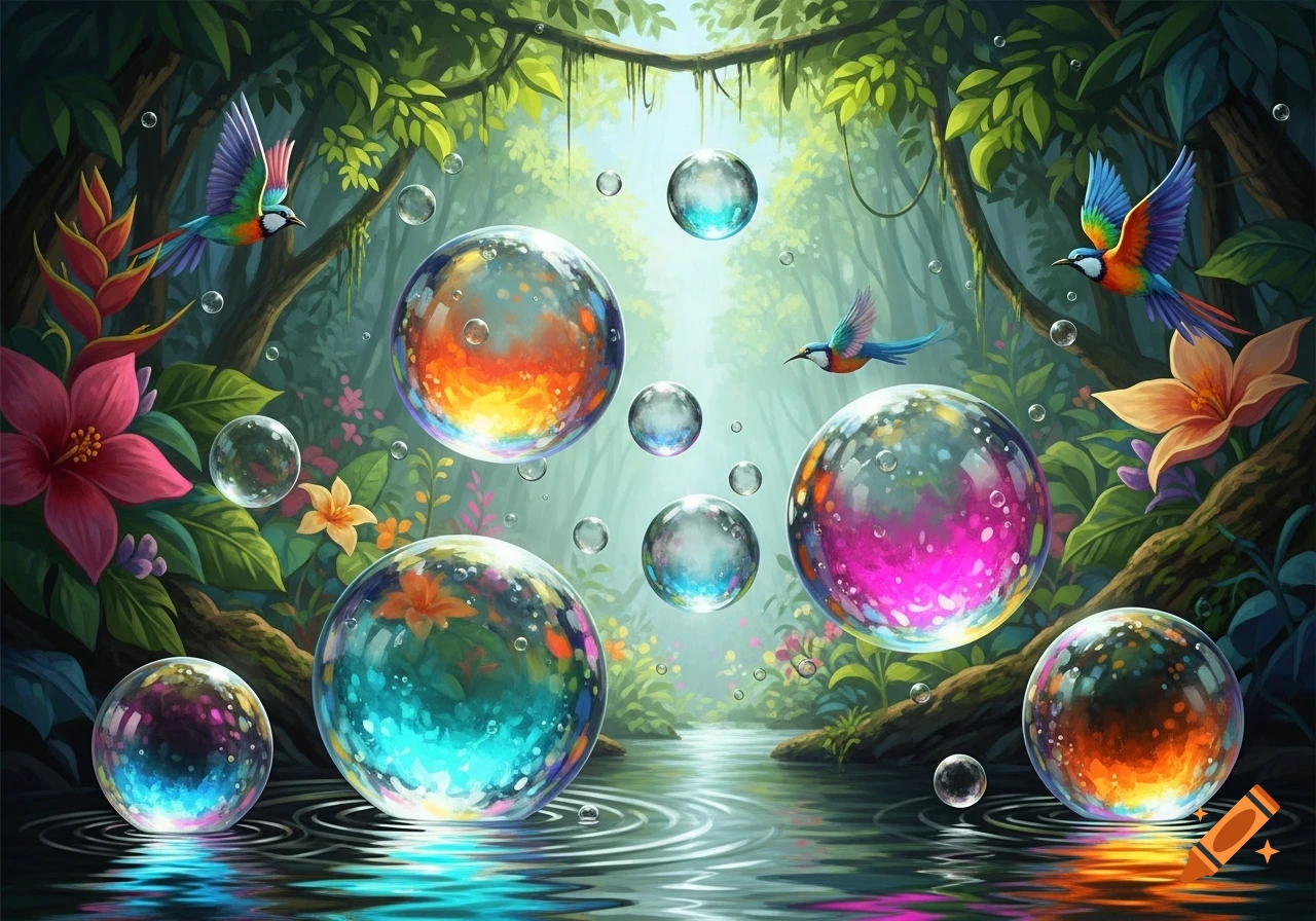 Vibrant fantasy jungle with colorful birds, exotic flowers, and iridescent bubbles floating above a stream.