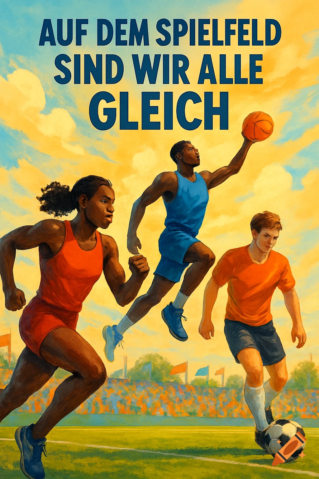 Three diverse athletes, one running, one with a basketball, one with a soccer ball, on a field under a sunny sky. Text: 'AUF DEM SPIELFELD SIND WIR ALLE GLEICH'.