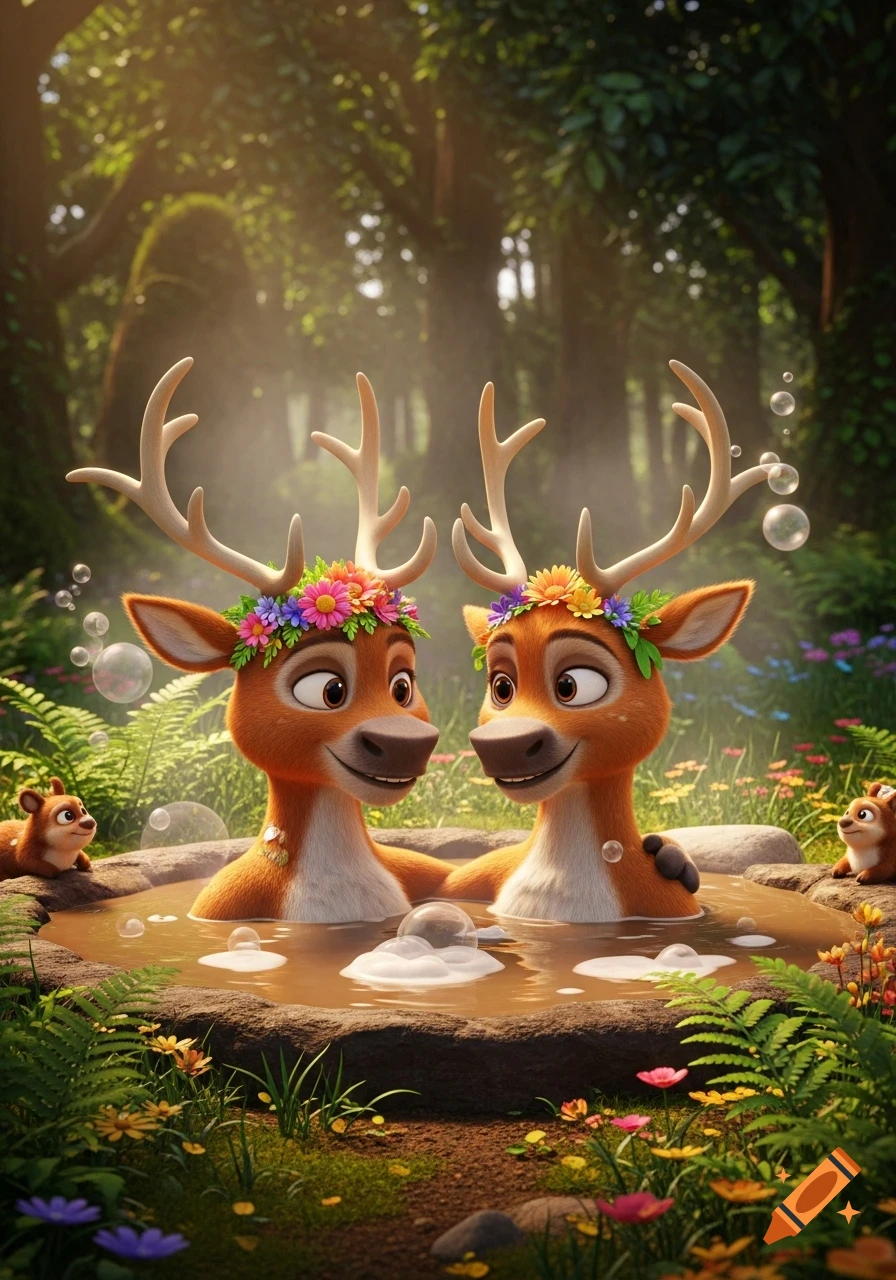 Two happy anthropomorphic deer with flower crowns relax in a mud bath in a lush forest with bubbles and small animal companions. 3D animation.