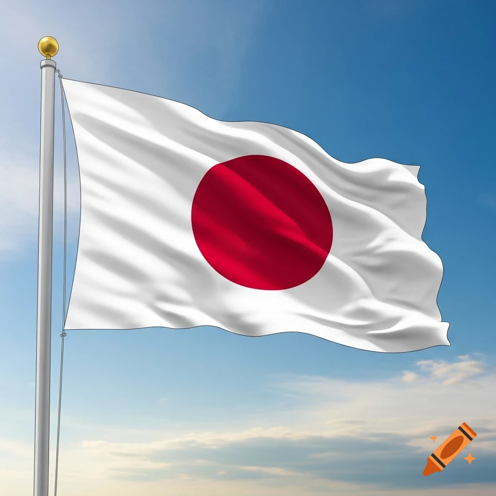 The national flag of Japan, a white banner with a prominent red sun disk in the center, flies from a flagpole against a partly cloudy blue sky.