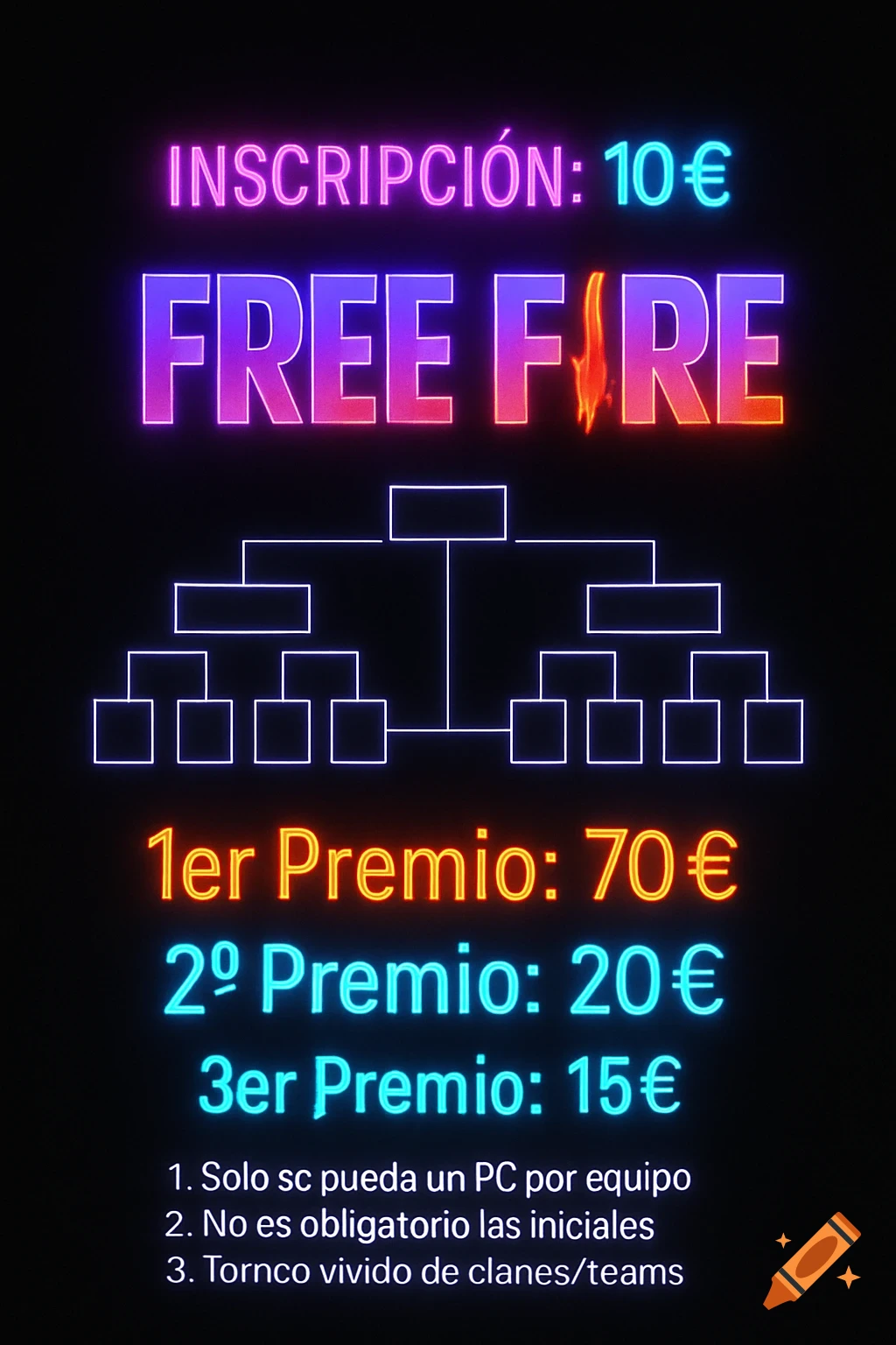 Esports tournament poster for Free Fire with neon text, showing inscription fee, a bracket, and prize money. Details rules are listed at the bottom.