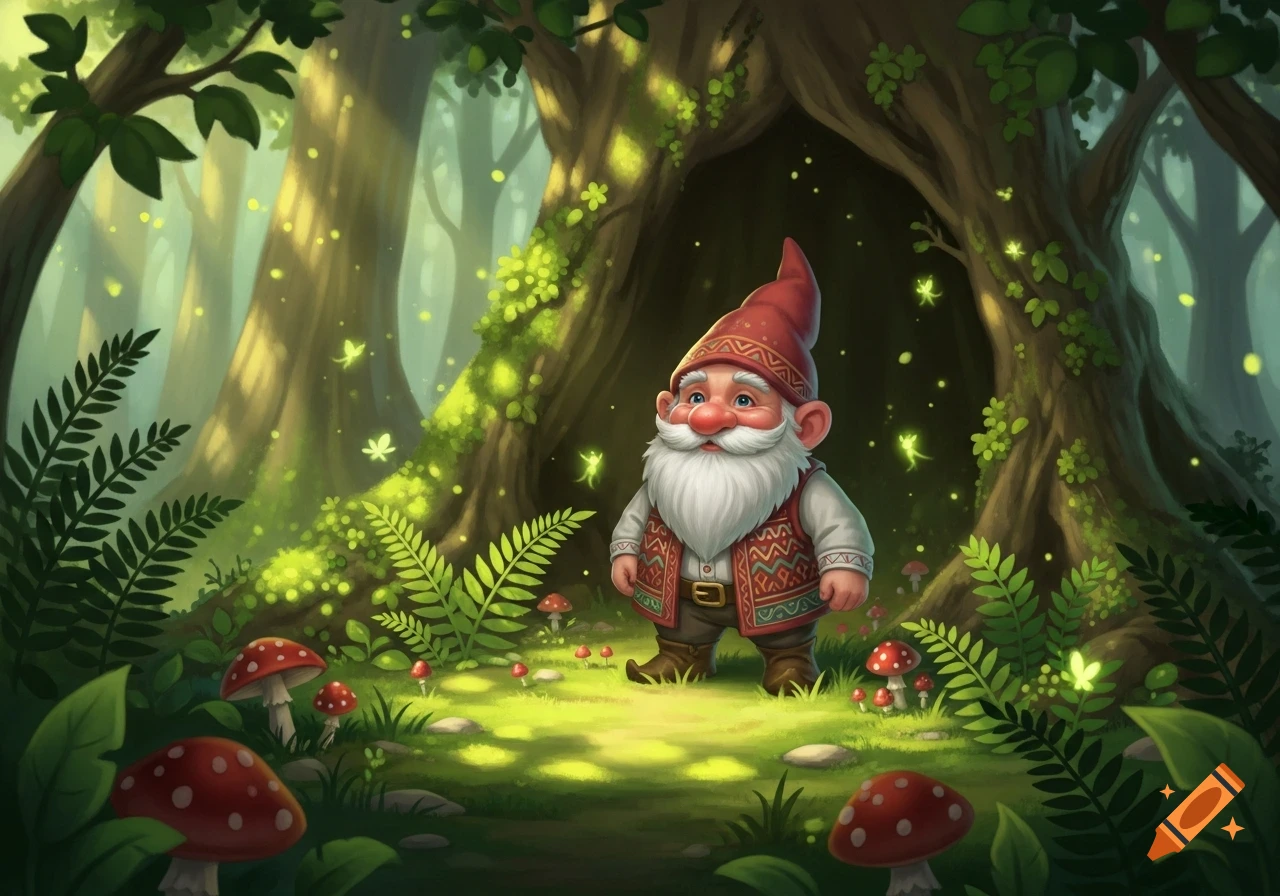 A cheerful cartoon gnome with a red hat and white beard stands in a magical forest with glowing plants, ferns, and red mushrooms.