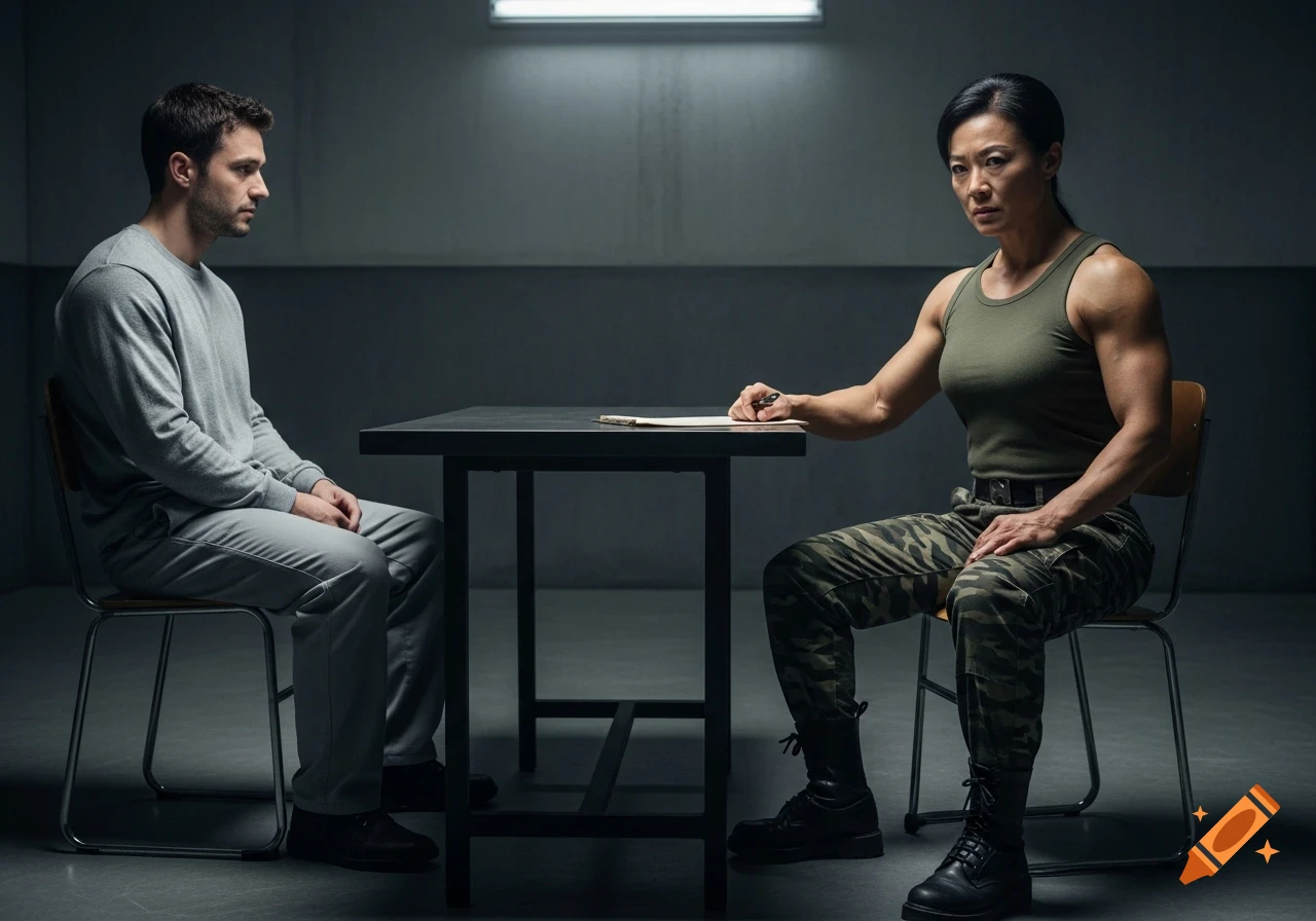 A muscular female prison guard sits across a table from a male prisoner in a stark interrogation room. Photorealistic.