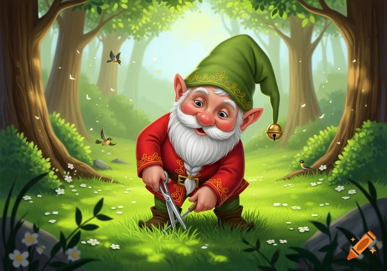 A cheerful, bearded gnome in a green hat and red coat cuts grass with scissors in a vibrant, sunlit forest clearing filled with small white flowers.