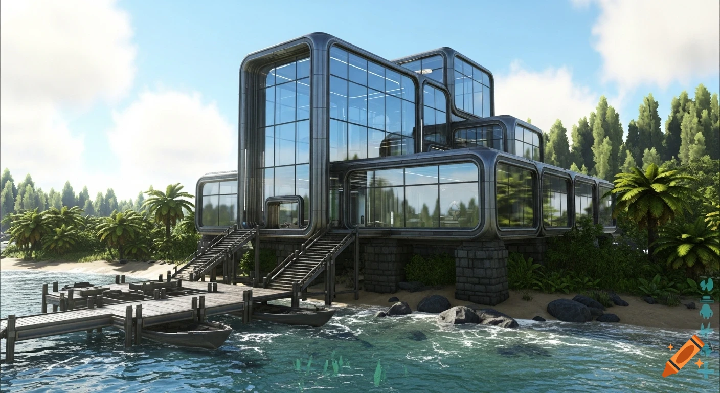 A modern, sleek, glass and metal tech base built on a sandy beach with a dock, clear water, and lush tropical trees.