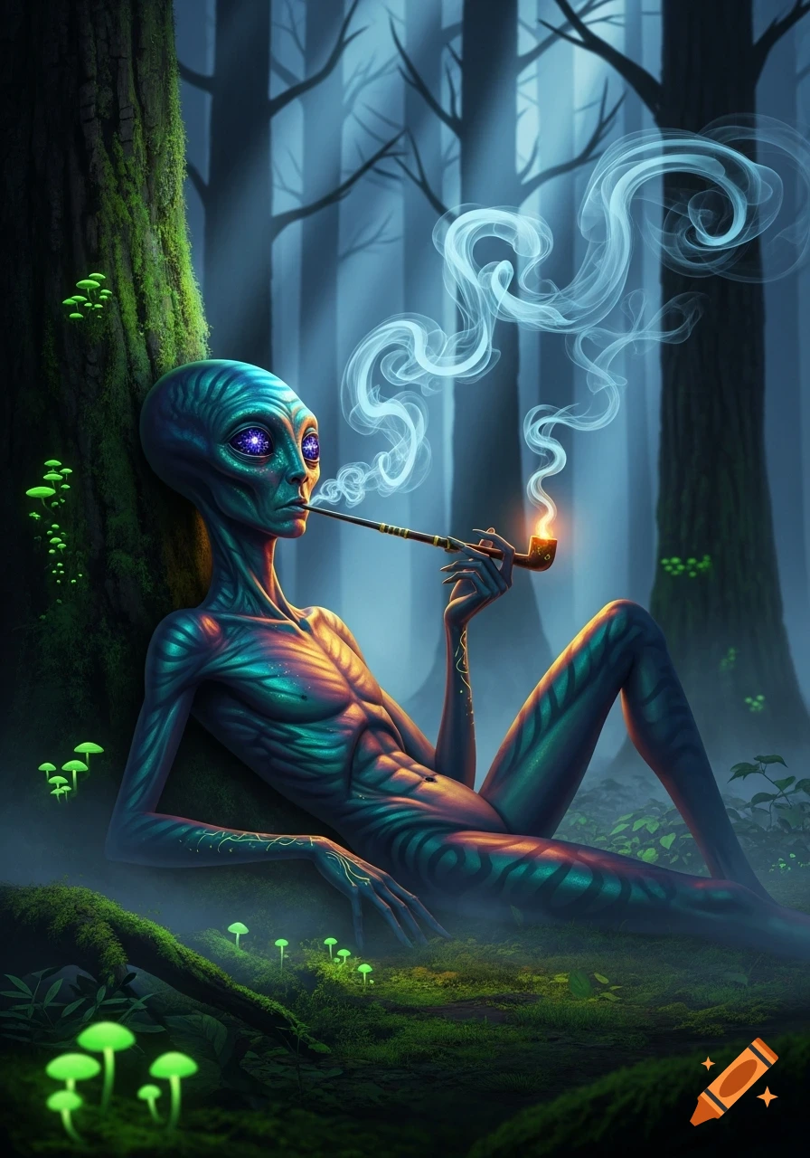 A blue-skinned alien with glowing eyes smokes a pipe in a dark, mystical forest with glowing green mushrooms.